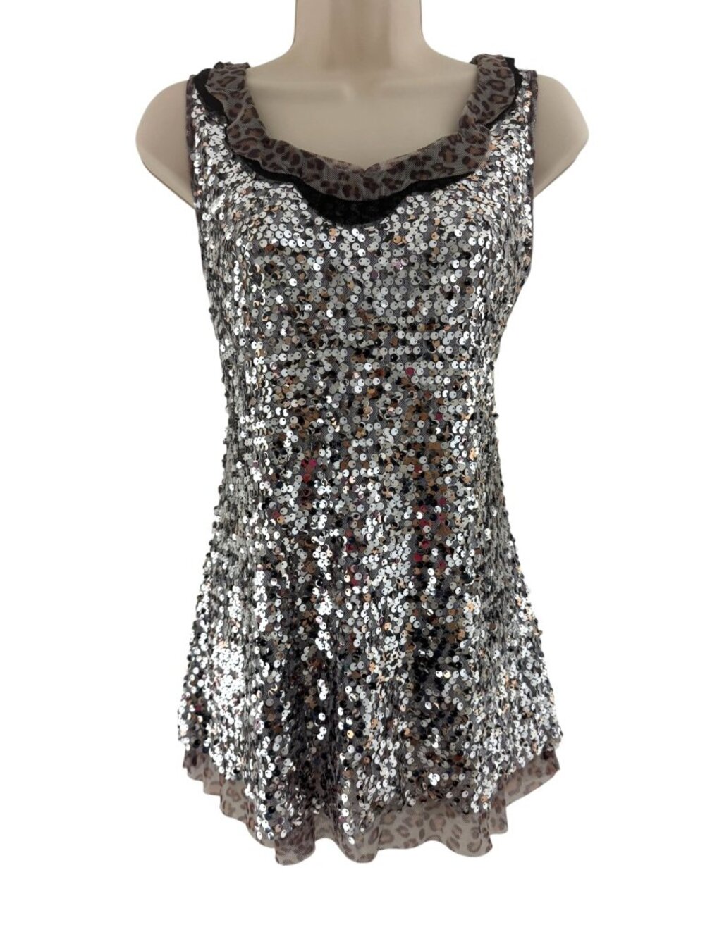 Chico's Size 1 = Medium/8 Sequin Tank Top Leopard Mesh Trim Dressy Party Blouse